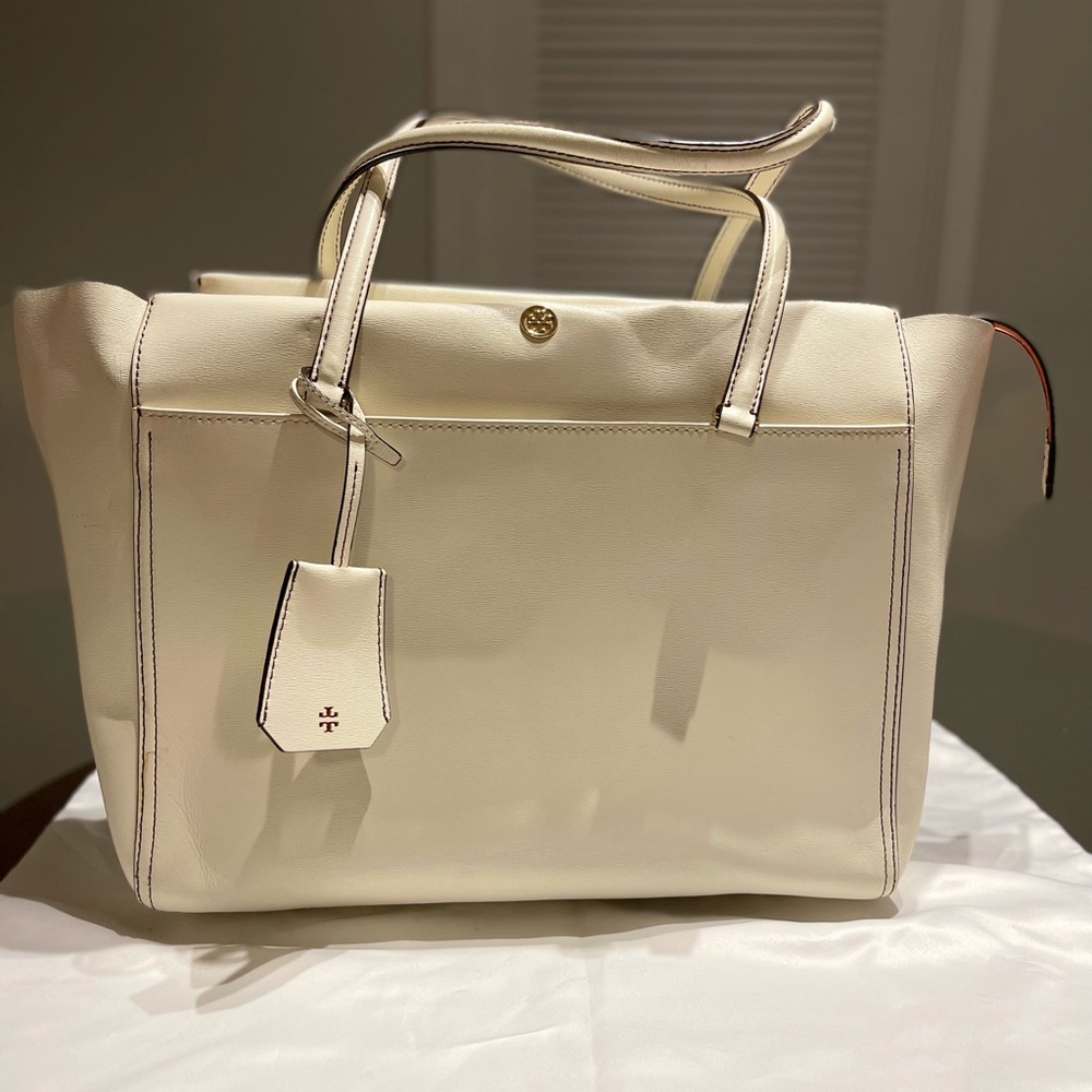 Tory Burch white tote with orange interior